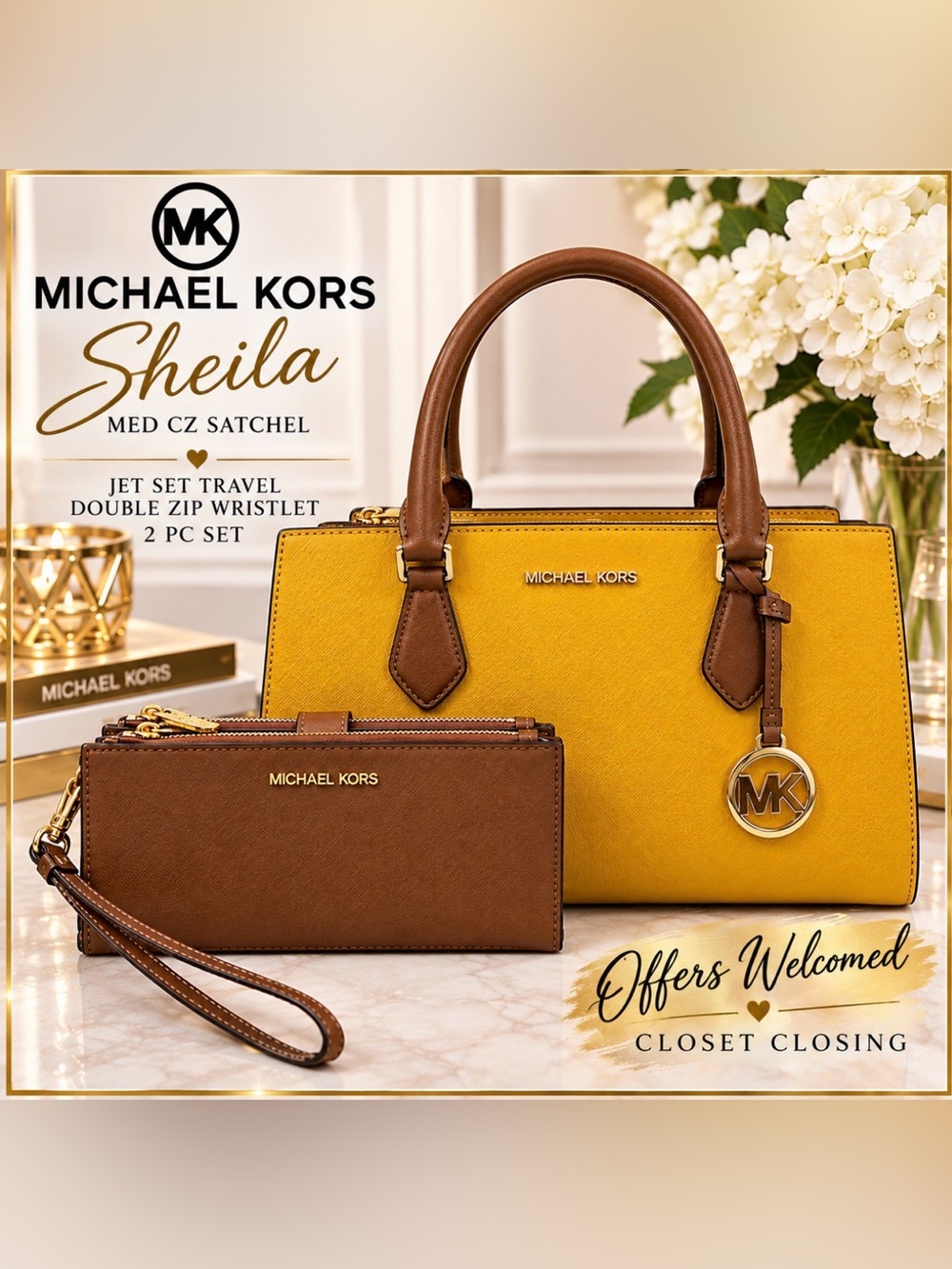 Michael Kors SHEILA Med CZ Satchel/JET SET TRAVEL Double Zip Wristlet 2pc Set